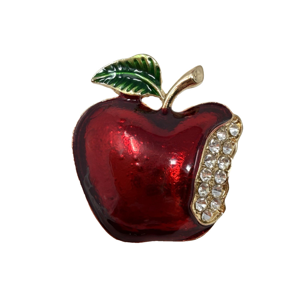 Red Apple Brooch Rhinestone Enamel Pin Teacher Gift Fruit Vintage Style